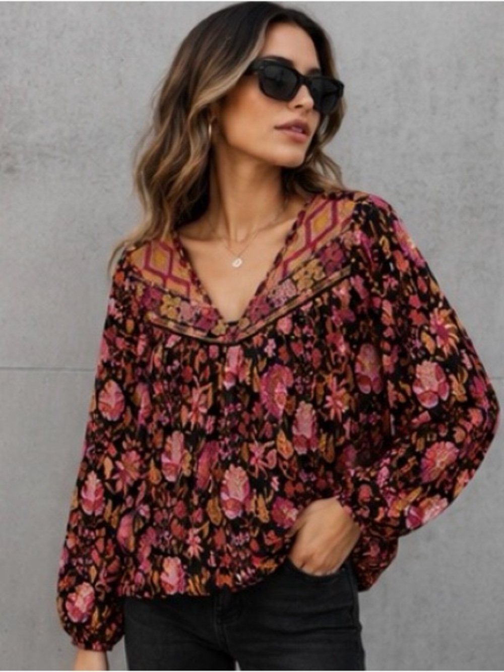 Rachel Zoe Floral Embroidered Cotton Boho Peasant Blouse Black Pink L New